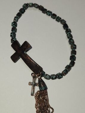 Vintage Stretch Bracelet Copper Cross Tassel 3/4" W x 2 1/2"